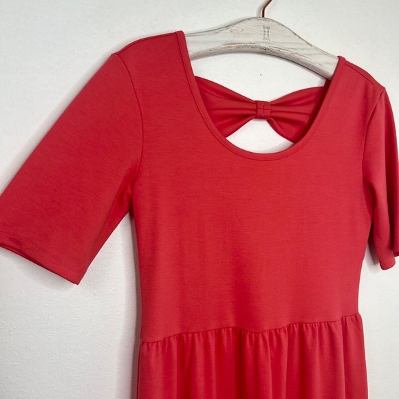 Garnet Hill Womens Knit Dress Size Small Coral Short Sleeve Bow Open Back Casual - Picture 4 of 8